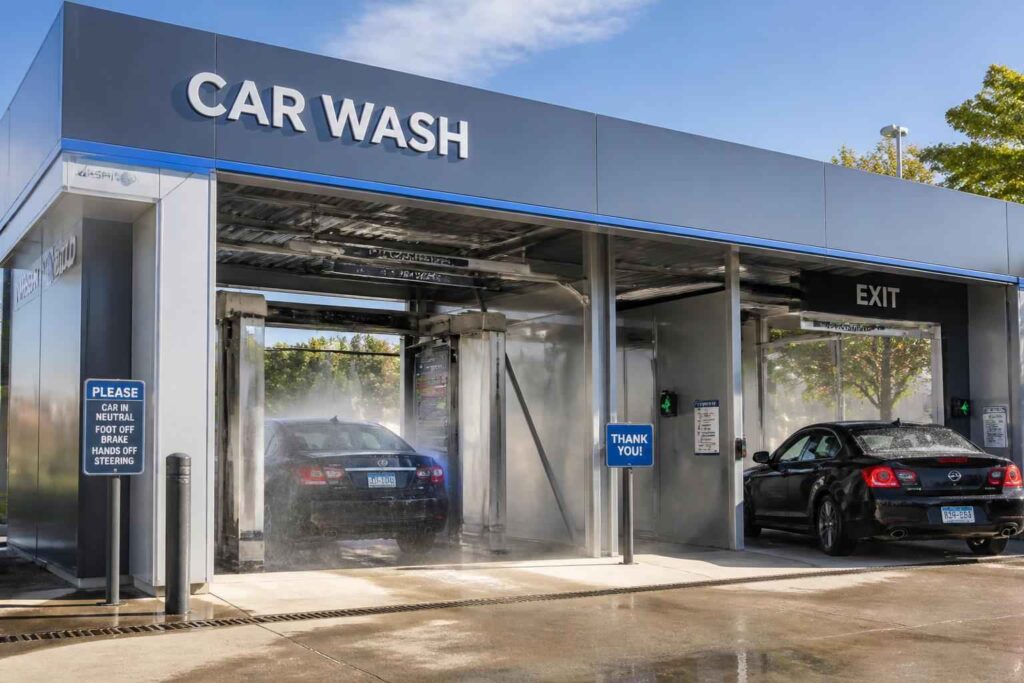 Samochody w stanowiskach myjni samochodowej z widoczną tablicą CAR WASH gatna