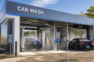 Samochody w stanowiskach myjni samochodowej z widoczną tablicą CAR WASH gatna